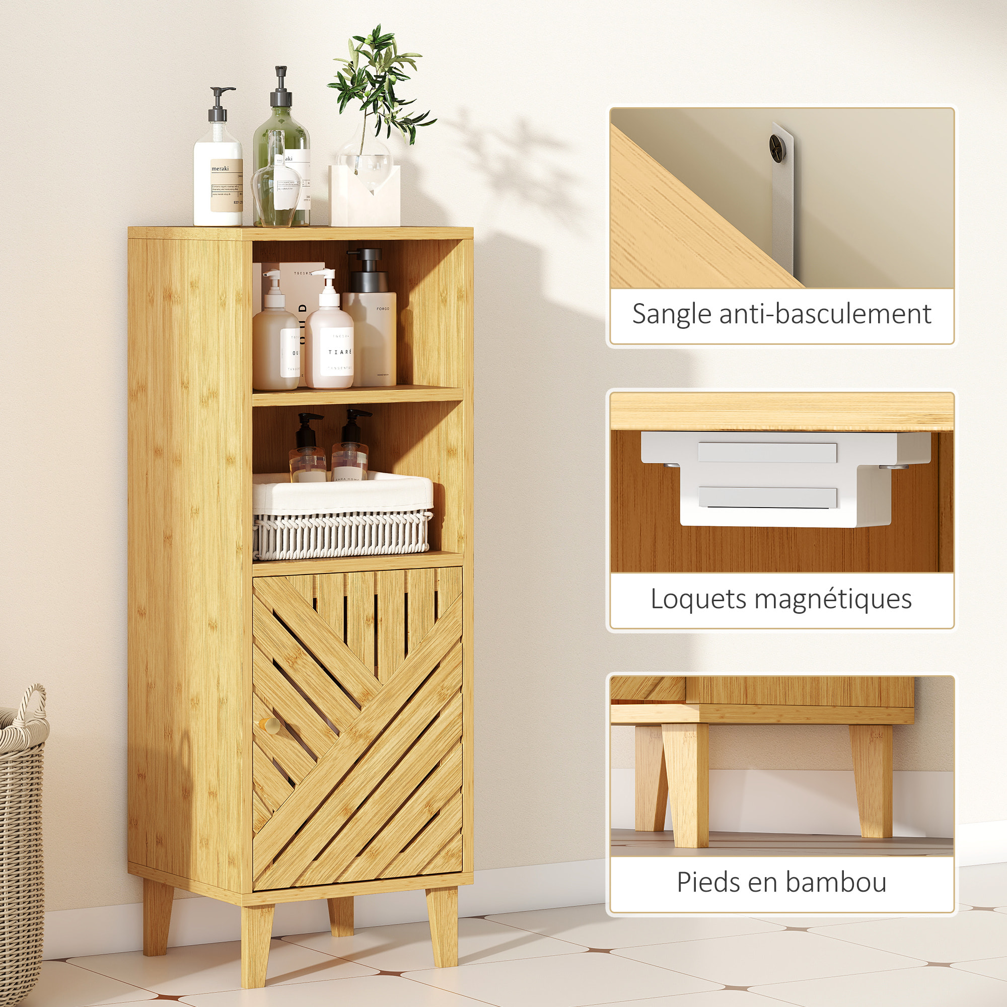 Meuble de salle de bain, meuble de rangement, armoire salle de bain avec 1 placard, 2 compartiment ouvert, porte et pieds en bambou, 32 x 30 x 90 cm, effet bois naturel