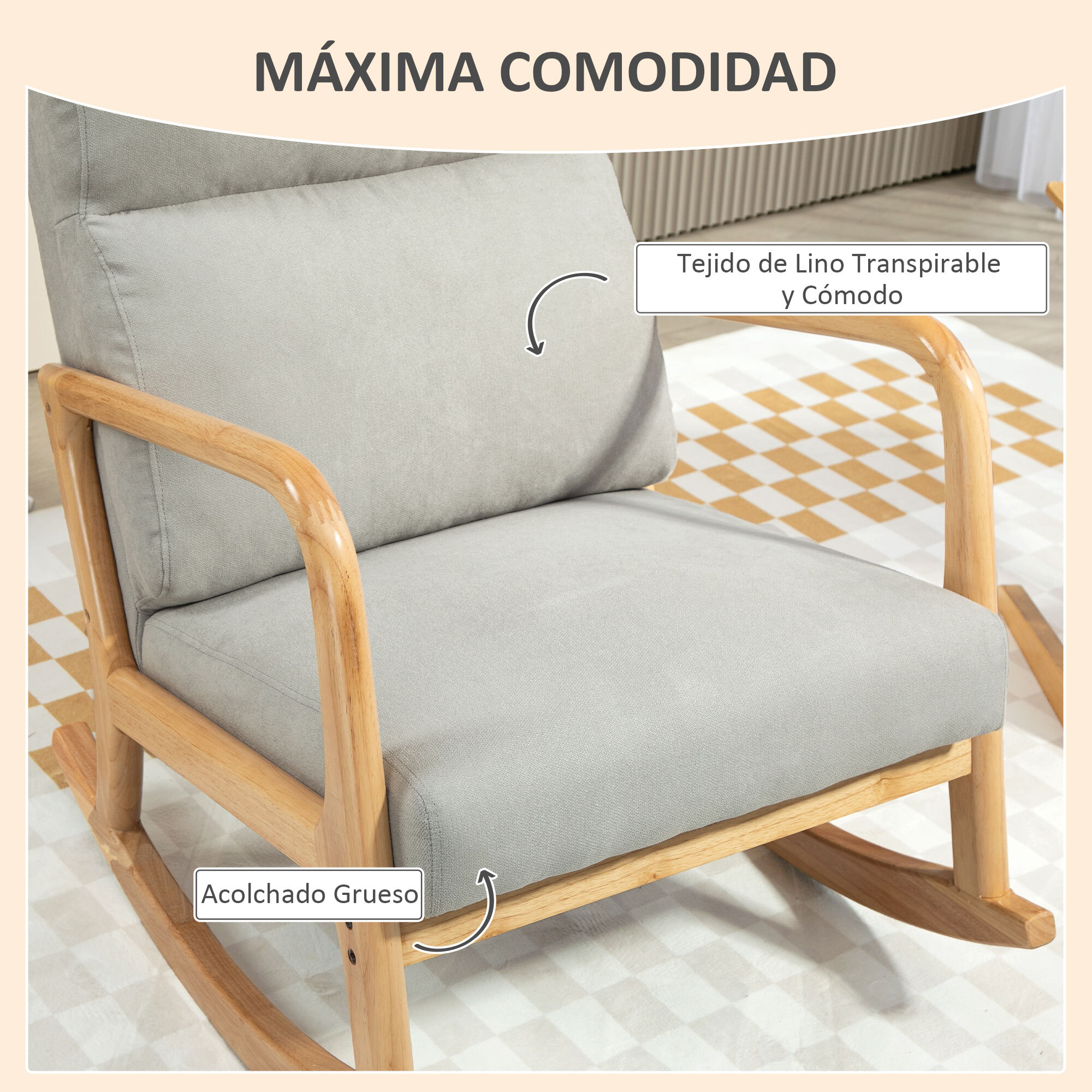 Mecedora Tapizada en Lino Silla Mecedora con Patas de Madera de Caucho y Reposabrazos Mecedora para Lactancia Carga 150 kg para Dormitorio Salón Gris