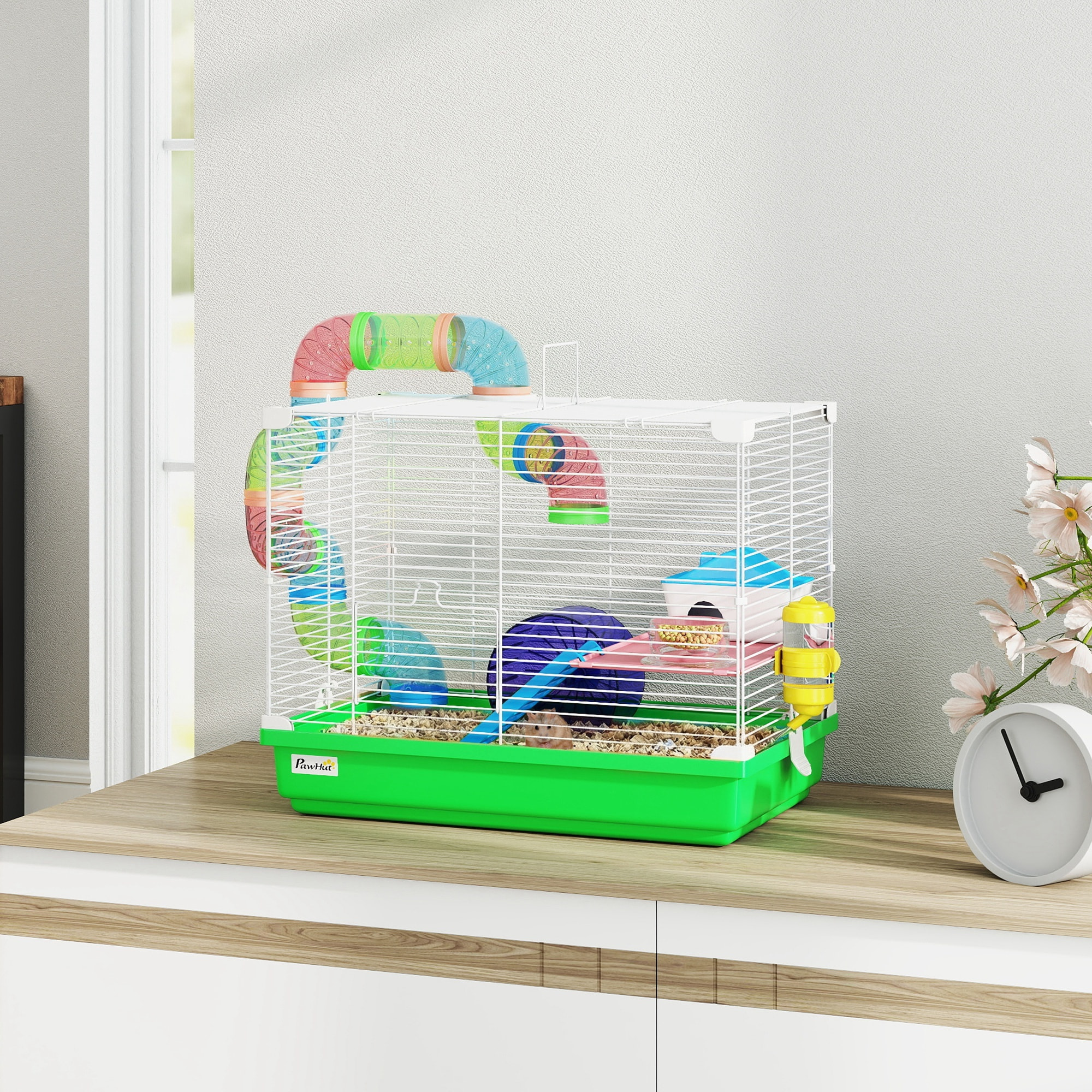 Cage à hamster 2 niveaux avec poignée - avec tunnel, biberon eau, roue, maisonnette, échelles - vert