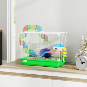 Cage à hamster 2 niveaux avec poignée - avec tunnel, biberon eau, roue, maisonnette, échelles - vert