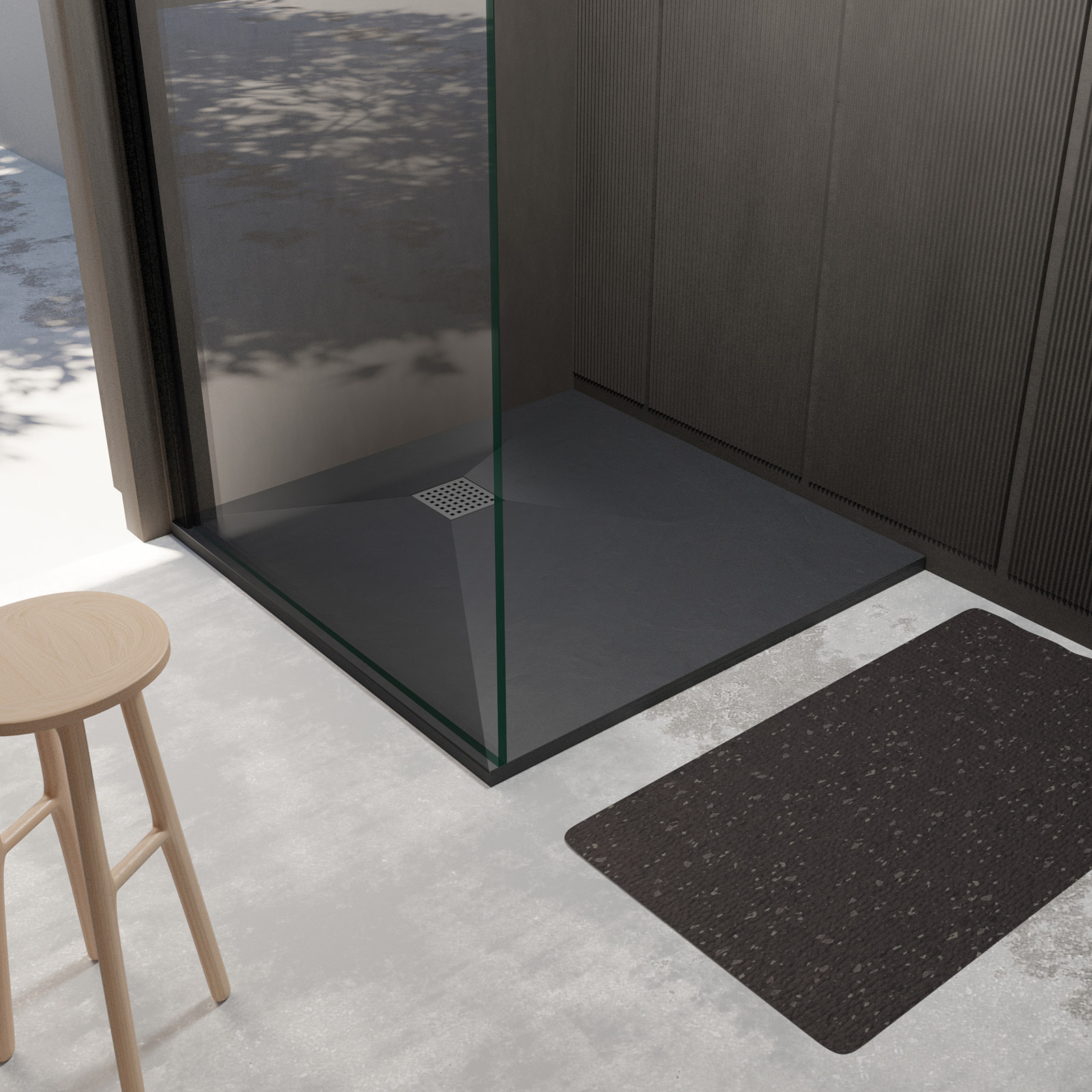 Receveur de douche Noir Effet Pierre 90x90 cm et Grille décor Perforée en Inox