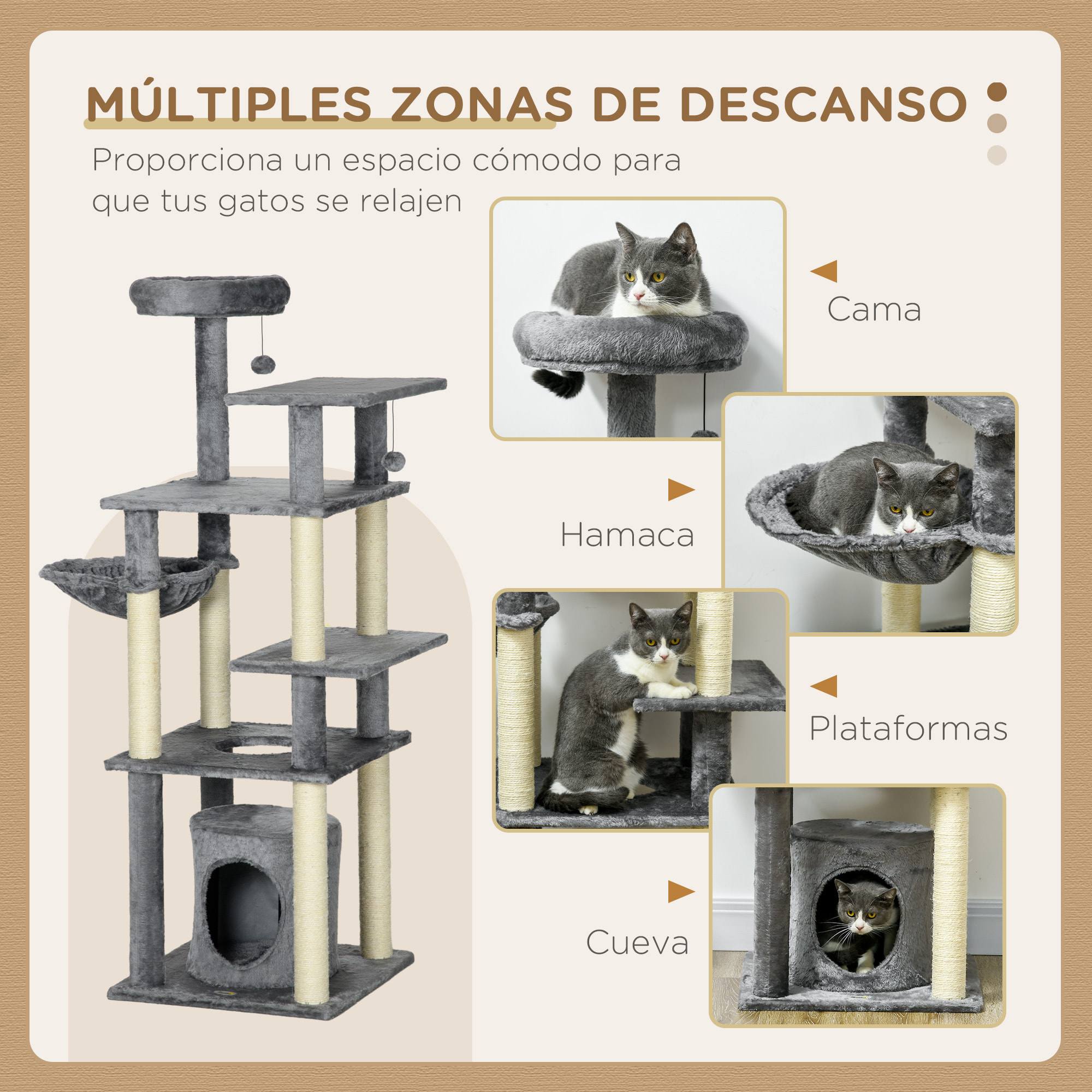 Árbol Rascador para Gatos Grande de 144 cm Torre para Gatos Interior con 4 Formas Postes para Rascar Cama Cueva Plataformas y Bolas Colgantes 49x49x144 cm Gris