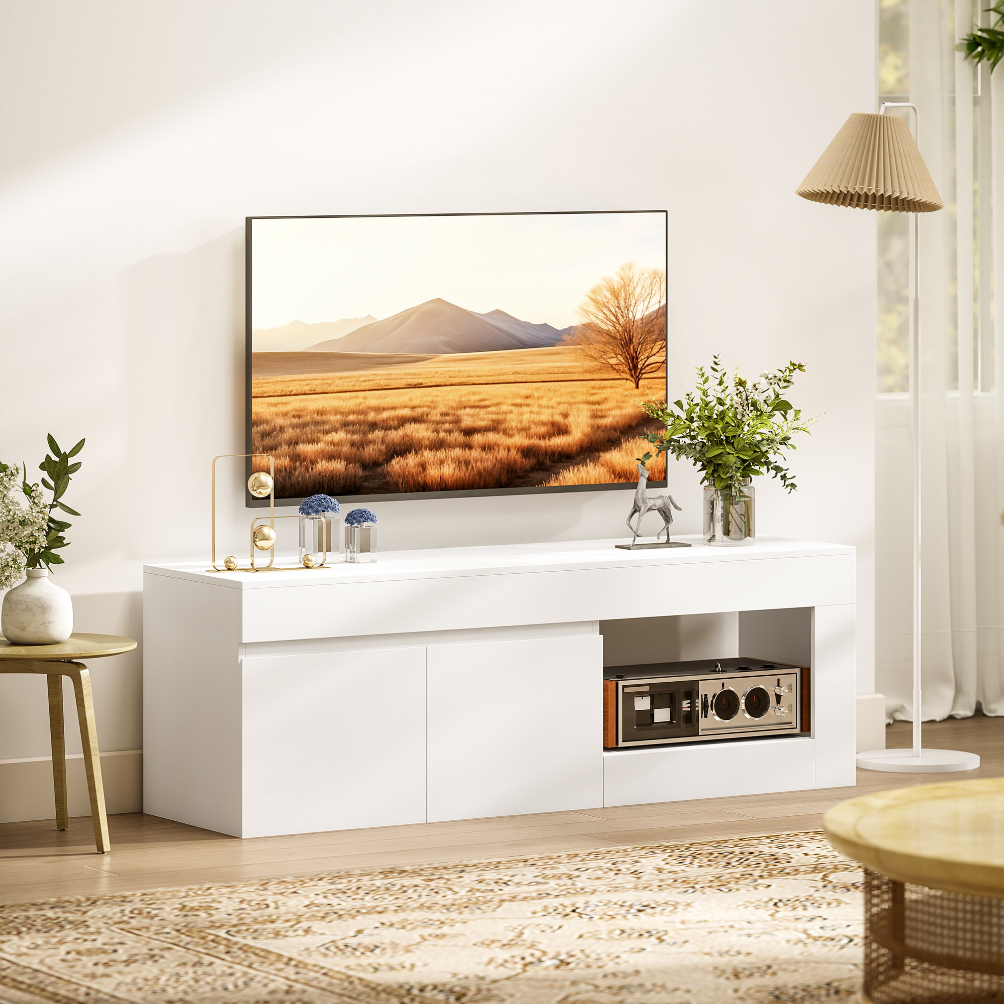 Mueble de TV Moderno, Mesa de TV para Salón con 2 Puertas, Estante Abierto, para Televisión 60 Pulgadas, 140x40x48 cm, Blanco