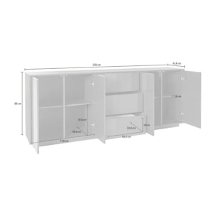 Credenza Jack, Madia da cucina a 4 ante e 3 cassetti, Buffet da soggiorno, 100% Made in Italy, cm 220x41h86, Bianco lucido