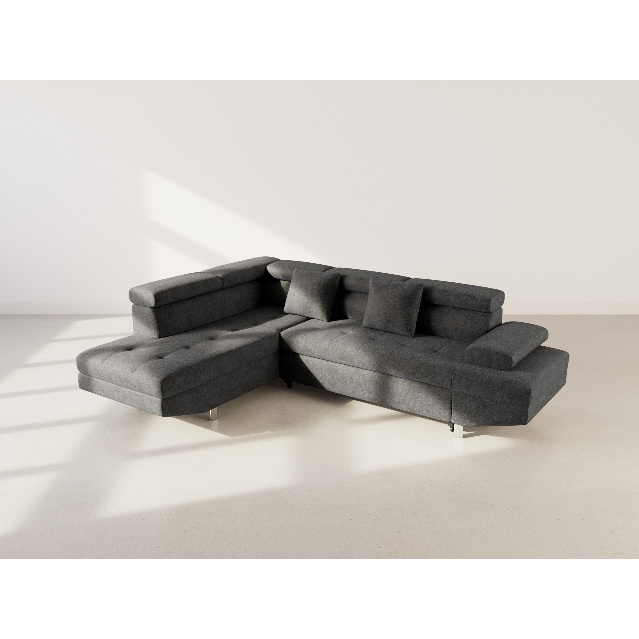 Margaux - Canapé d'angle gauche 5 places convertible avec coffre et têtières réglables en velours texturé - Noir