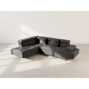 Margaux - Canapé d'angle gauche 5 places convertible avec coffre et têtières réglables en velours texturé - Noir