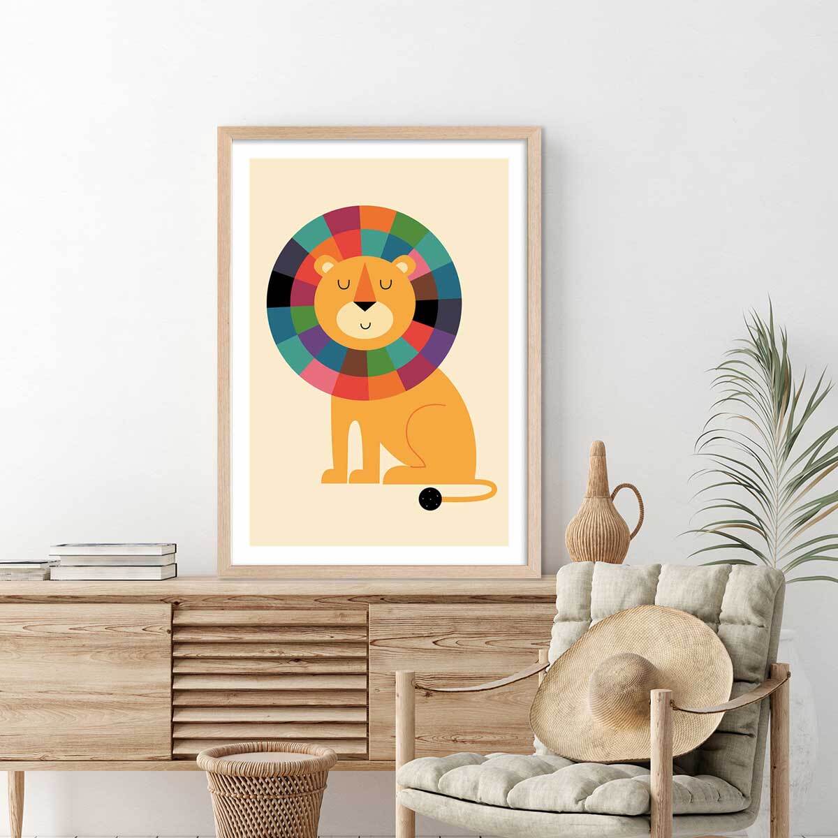 Affiche enfant rainbow lion Affiche + cadre en bois - Chêne
