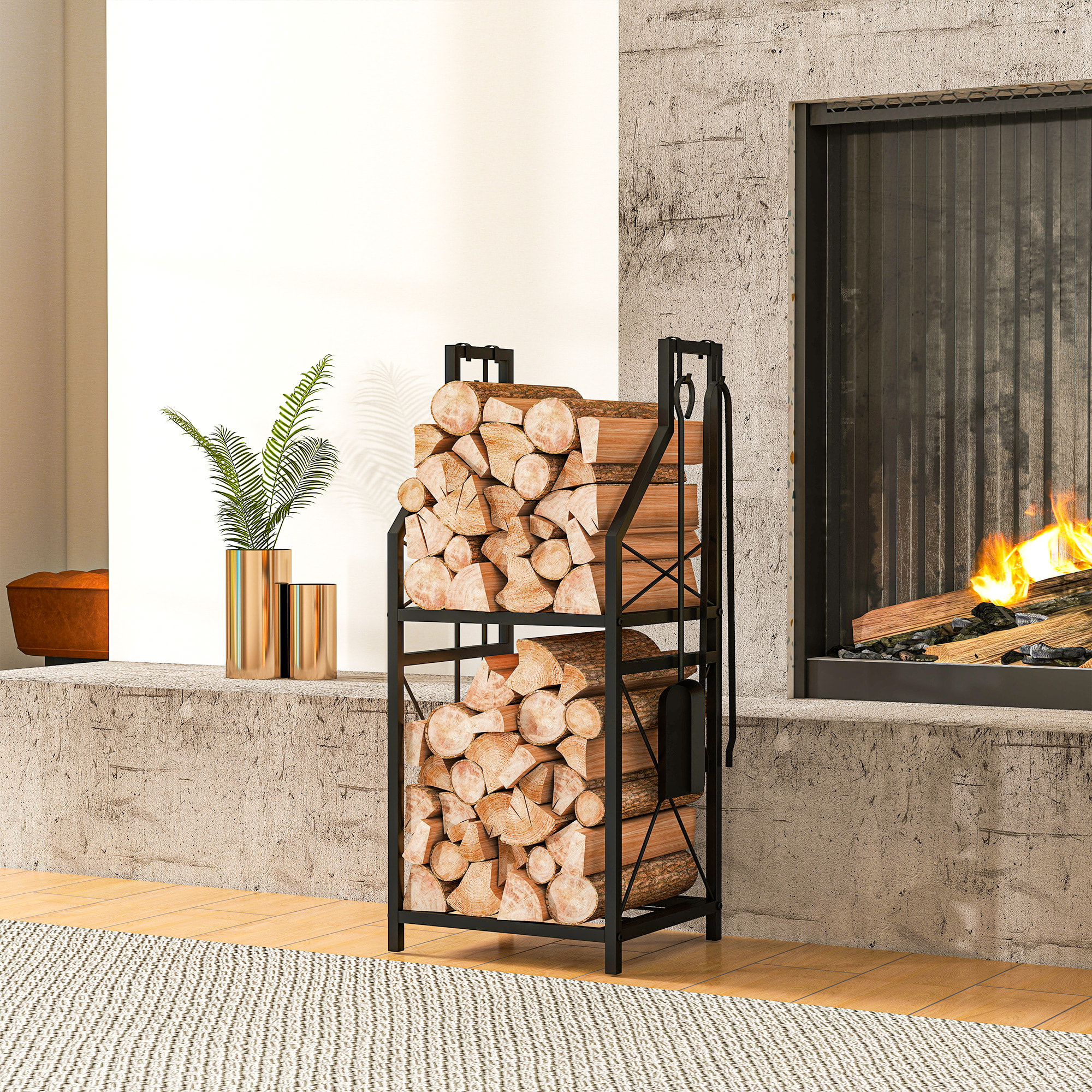 Estante de Leña Metálico de Chimenea, Soporte para Leña de 2 Niveles, Leñero Exterior con 4 Herramientas, Ganchos y Base Elevada, para Interior y Exterior, 34x30x80 cm, Negro