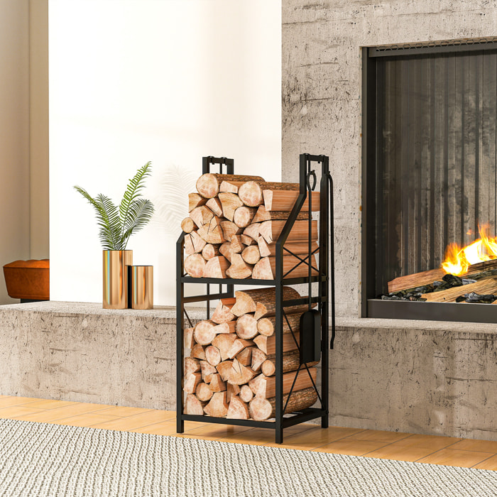 Estante de Leña Metálico de Chimenea, Soporte para Leña de 2 Niveles, Leñero Exterior con 4 Herramientas, Ganchos y Base Elevada, para Interior y Exterior, 34x30x80 cm, Negro