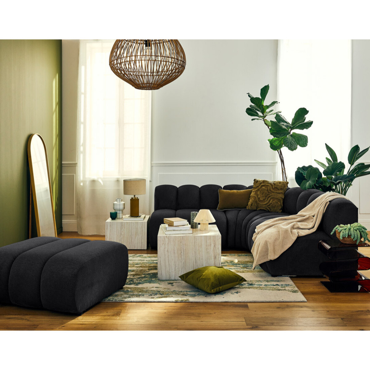 Debbie - canapé modulable d'angle réversible 4 places en tissu texturé - Noir