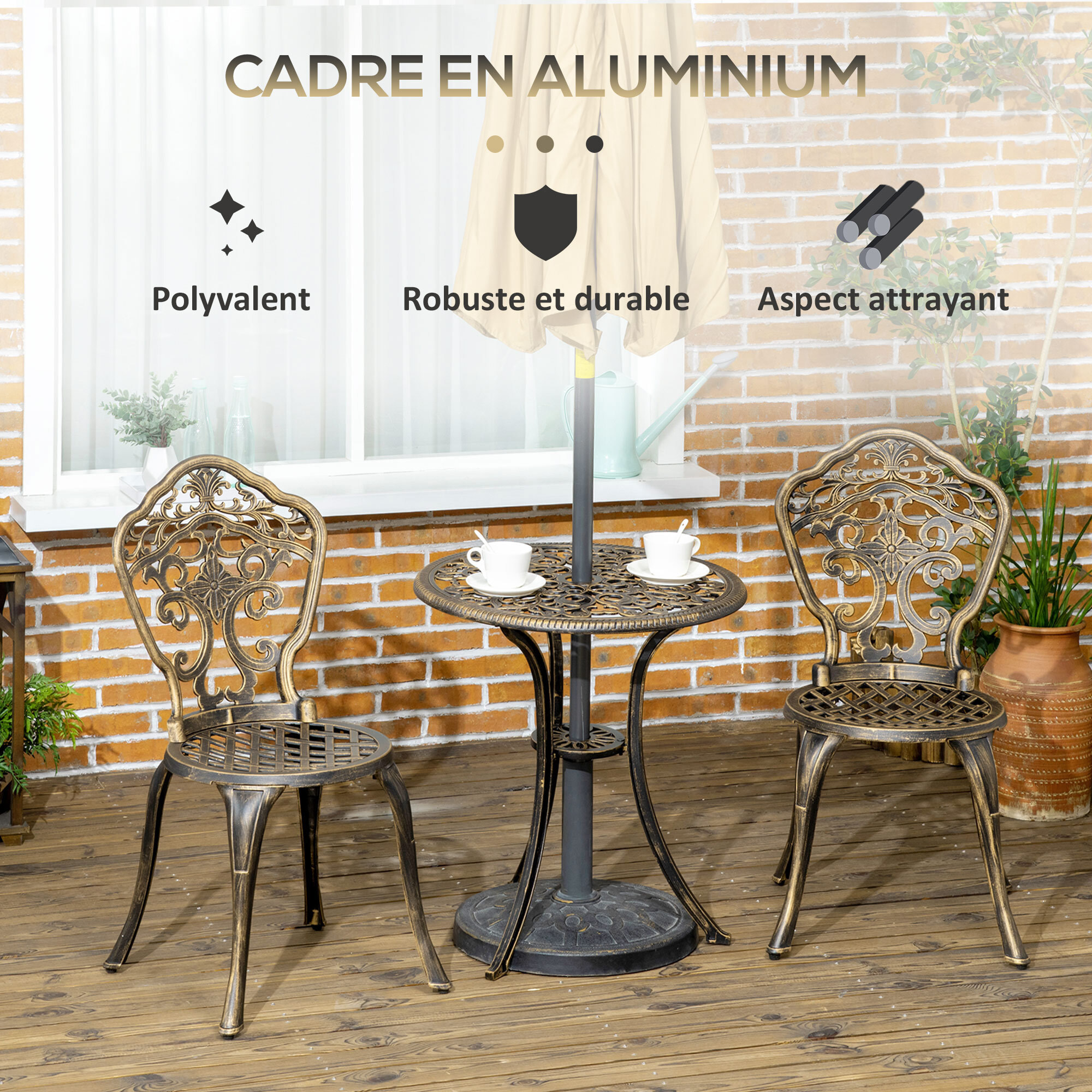 Ensemble bistrot de jardin 2 personnes 3 pièces aluminium aspect fer forgé bronze vieilli