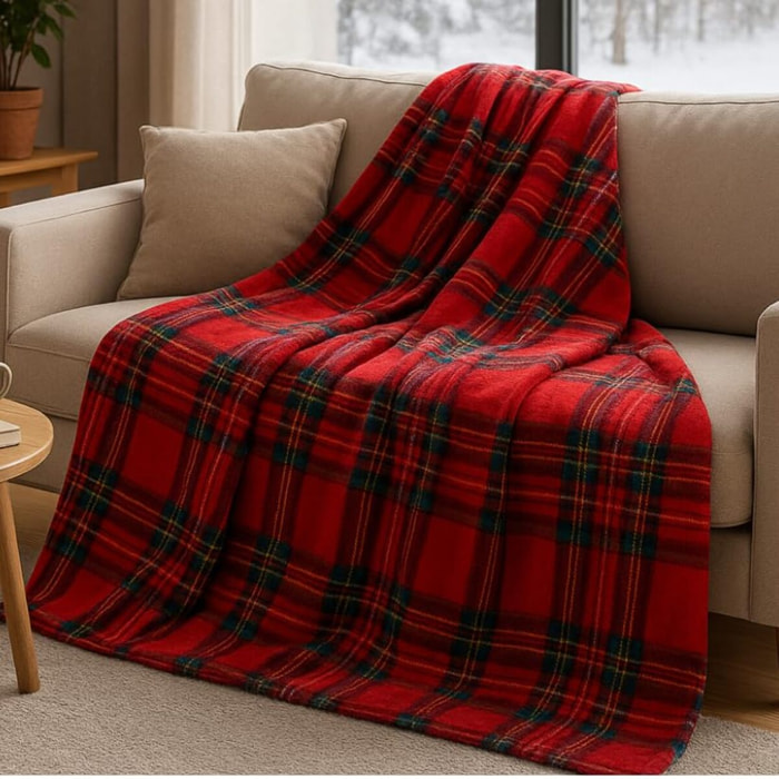 Coperta plaid in micropile tartan morbida e calda, leggera e avvolgente, ideale per divano e letto, tessuto soffice e resistente, mantiene il calore senza appesantire, facile da lavare, design scozzese elegante per casa e relax