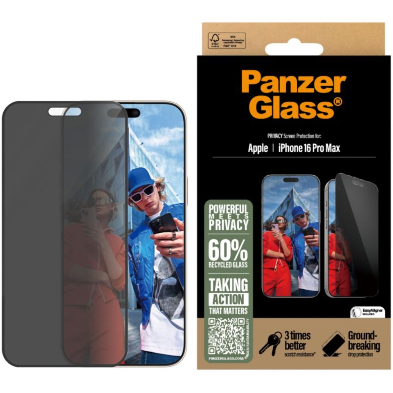 Protège écran PANZERGLASS iPhone 16 Pro Max Privacy verre trempé