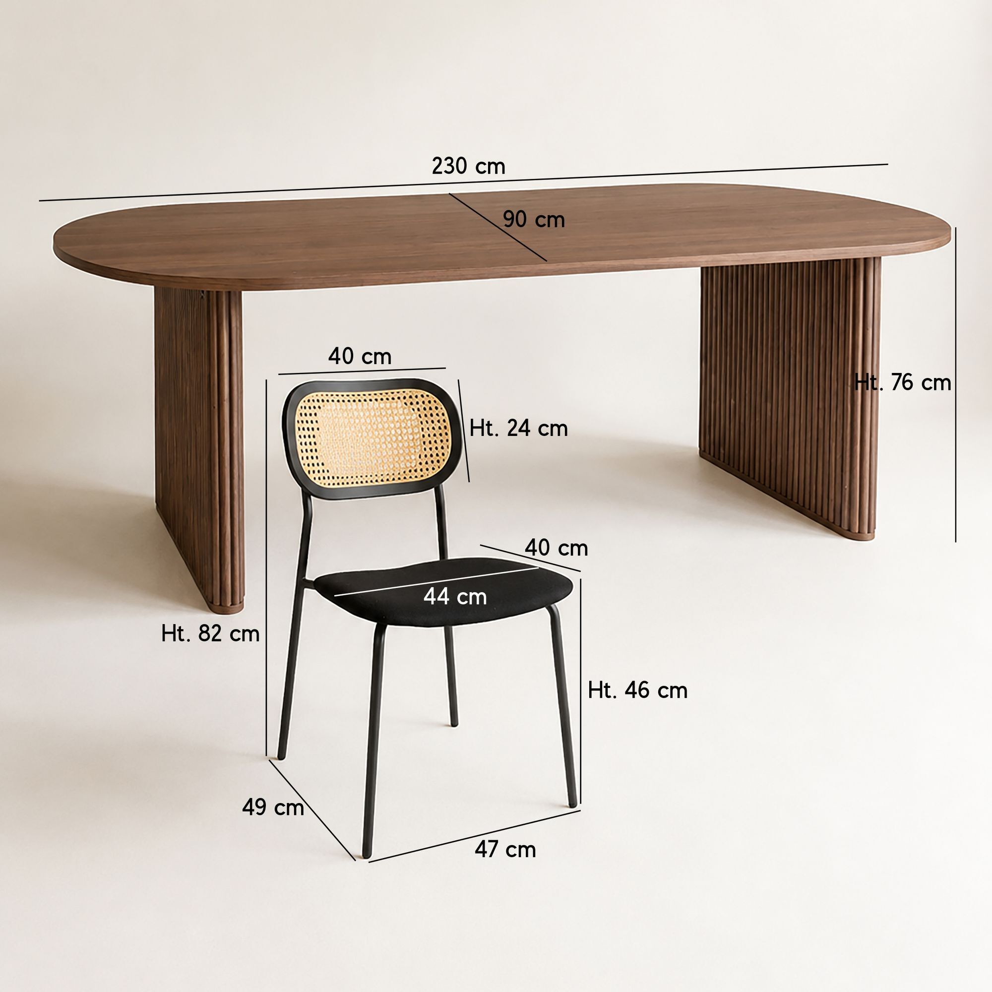 Ensemble table effet bois 230cm et 6 chaises en rotin et velour noir NOSARA