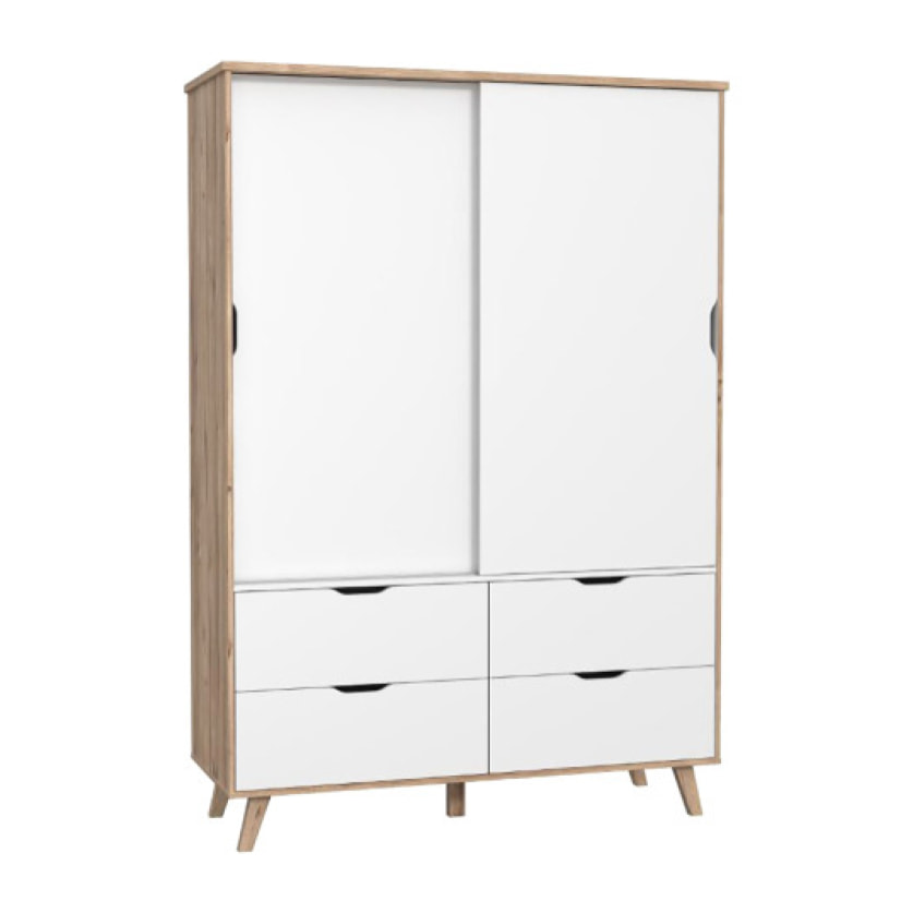 Armoire 2 portes 4 tiroirs effet bois chêne naturel et blanc mat - WANDA