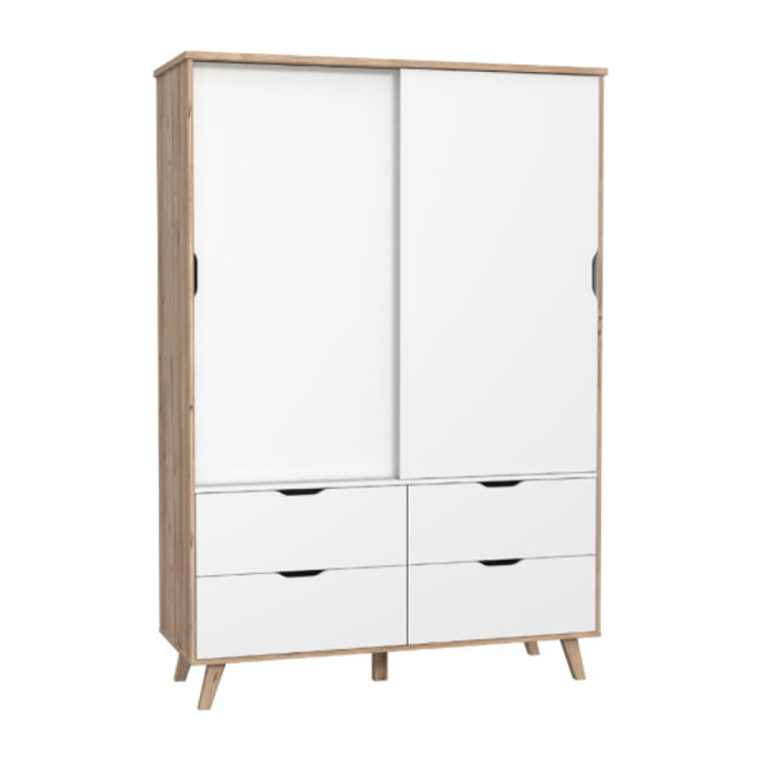 Armoire 2 portes 4 tiroirs effet bois chêne naturel et blanc mat - WANDA