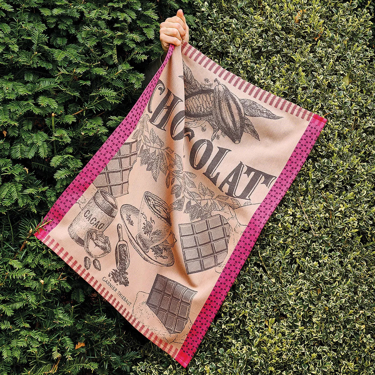 Torchon pur coton motif jacquard rose marron Tasse de chocolat fuchsia