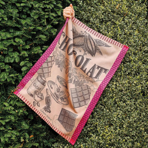 Torchon pur coton motif jacquard rose marron Tasse de chocolat fuchsia