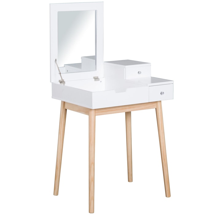 Coiffeuse design scandinave table de maquillage multi-rangements miroir pliable 60L x 50l x 86H cm pin et MDF blanc