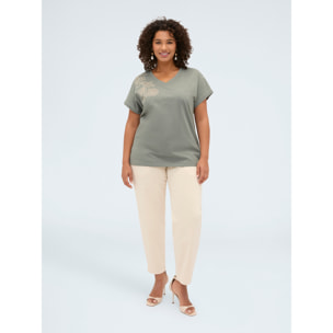 Fiorella Rubino - T-shirt in cotone con applicazione floreale - Verde militare