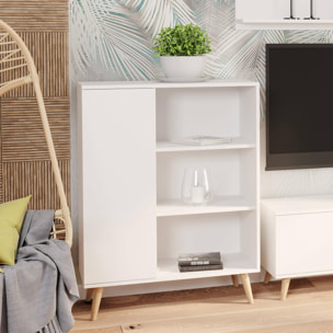 Credenza a 1 anta e 2 ripiani, Buffet con piedini, Madia da soggiorno in stile scandi, Libreria con scaffali, cm 40x90h116, colore Bianco