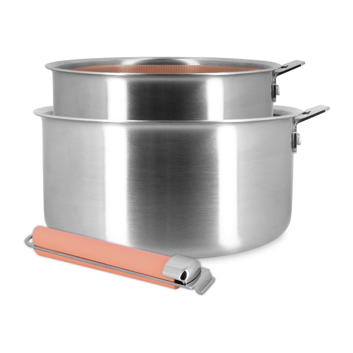 Lot de 2 casseroles en acier inoxydable et manche amovible rose AGLAE
