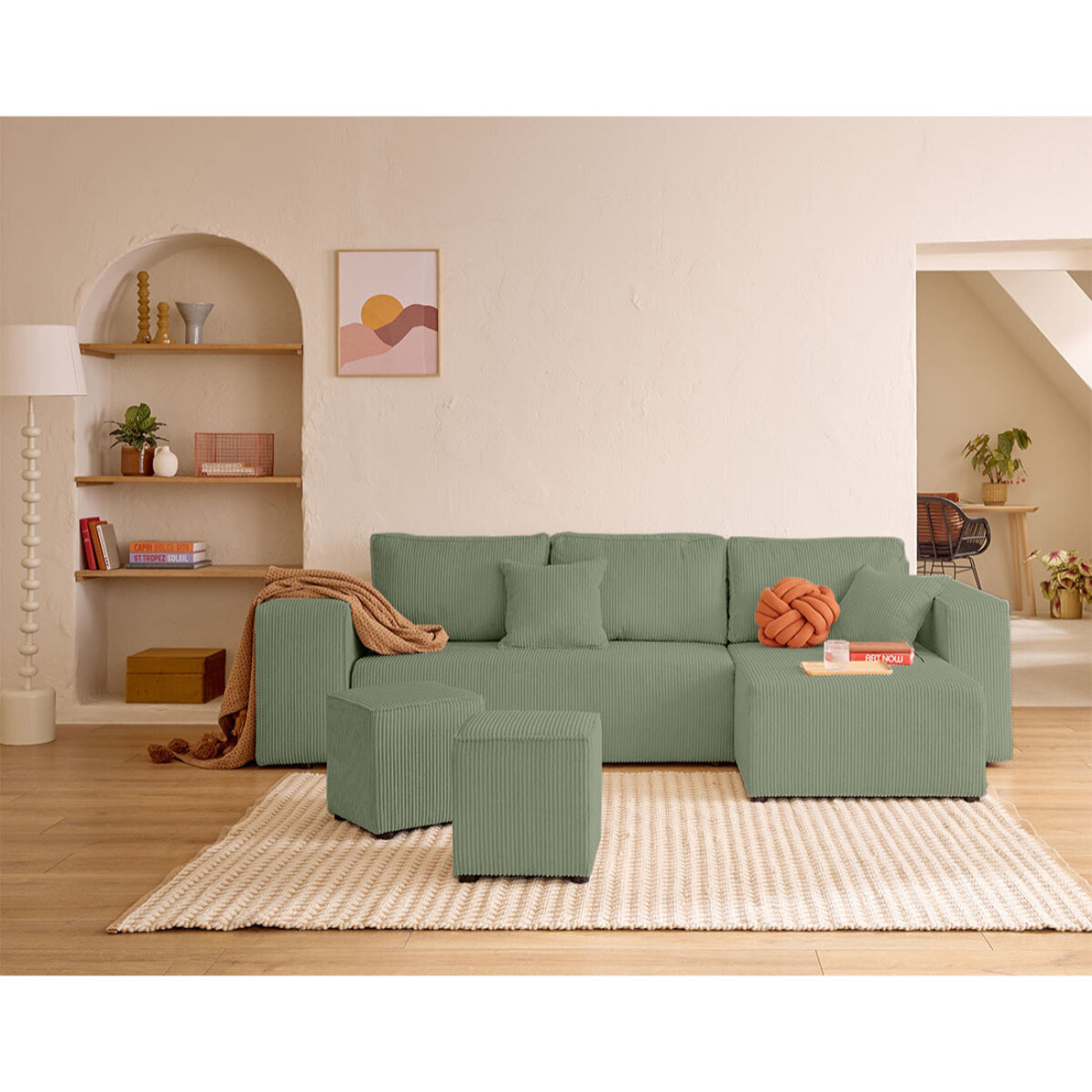 Topaze - canapé d'angle réversible 4 places - convertible avec coffre, tablette et poufs - en velours côtelé - Vert sauge