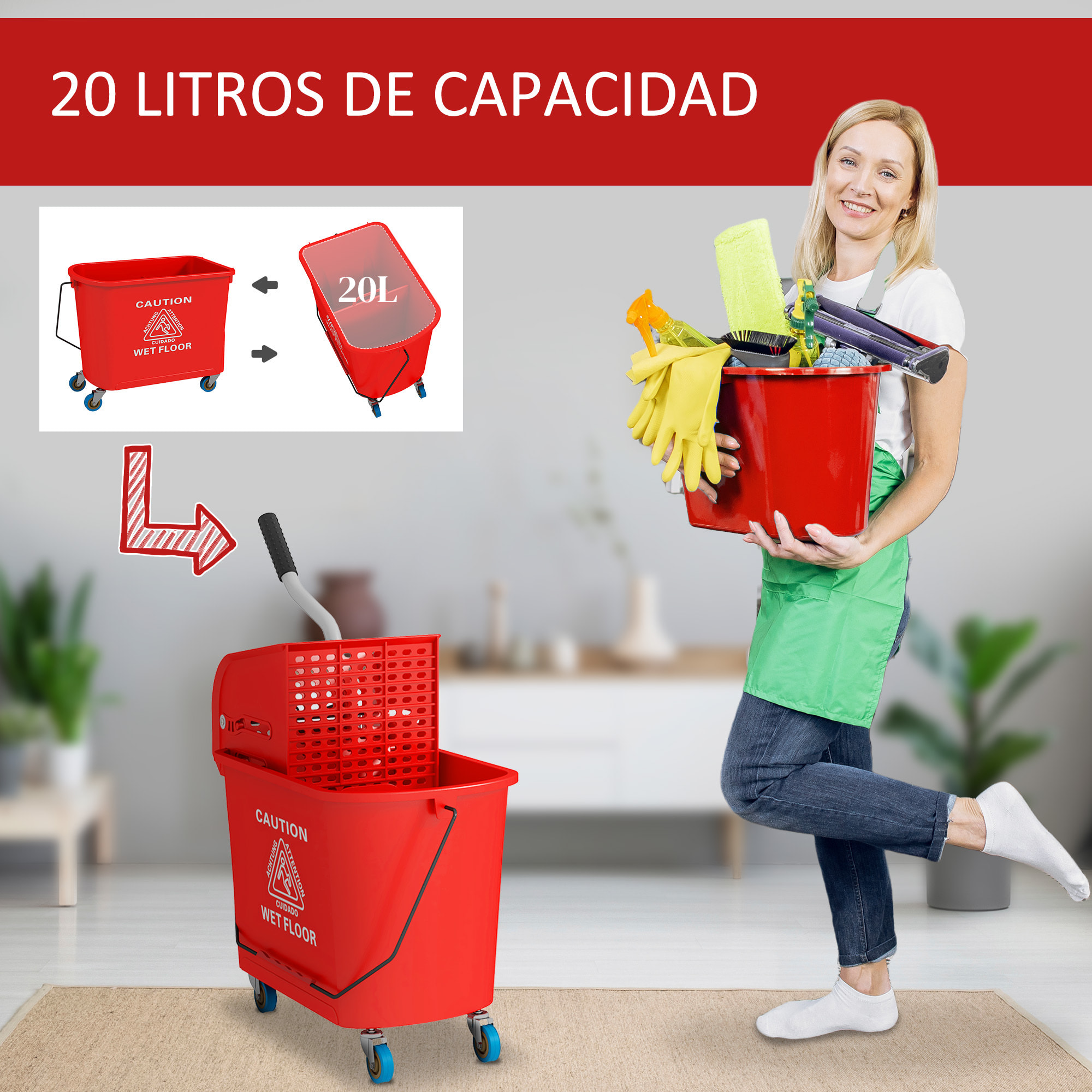 Cubo de Fregona con Ruedas Capacidad de 20 L Cubo de Fregar con Sistema de Escurridor Ruedas y Asa de Transporte para Doméstico y Comercial Rojo