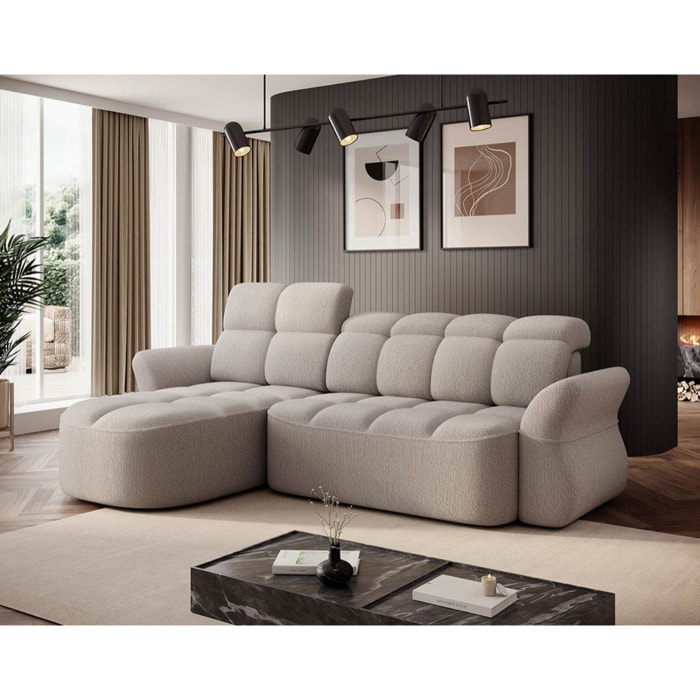 Brume - Canapé d'angle gauche 4 places convertible électrique avec coffre et têtières réglables en tissu bouclette - Beige