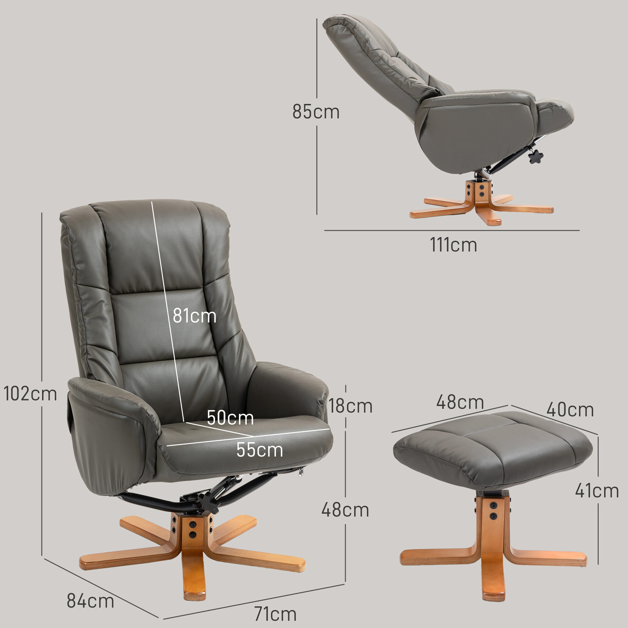 Fauteuil relax inclinable avec repose-pied assorti - fonction à bascule - bois revêtement synthétique gris