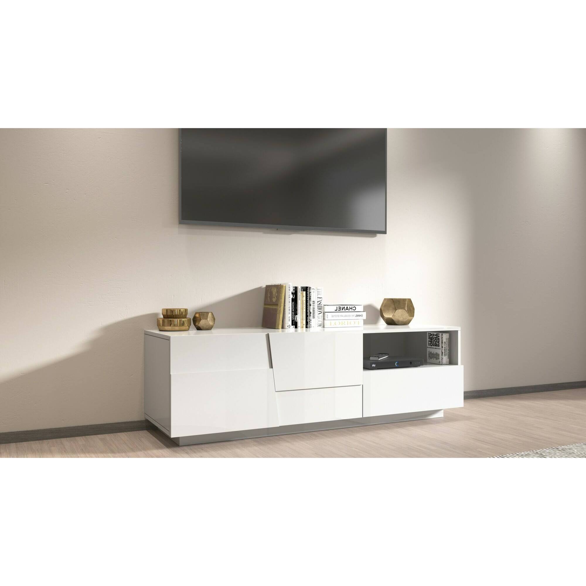 Mobile porta TV Dcoulibal, Credenza bassa da soggiorno con 2 ante e 1 cassetto, Base porta TV, 150x44h46 cm, Bianco lucido