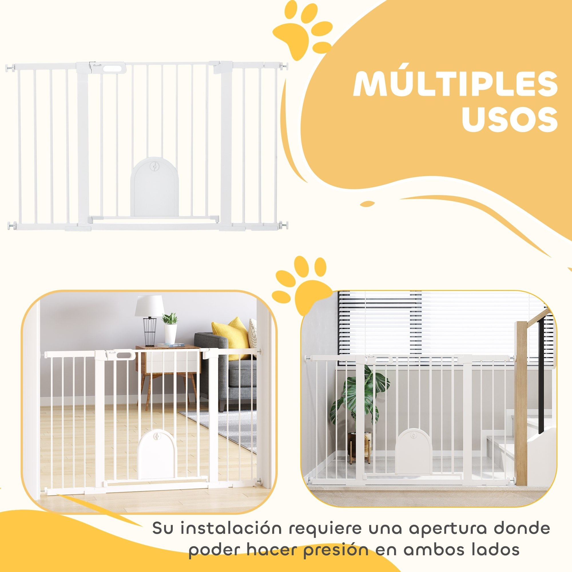 Barrera de Seguridad para Perros Extensible 75-131 cm, para Puertas y Escaleras, Barrera para Perros con Puerta Pequeña, 3 Extensiones, Montaje a Presión y Doble Bloqueo, Blanco