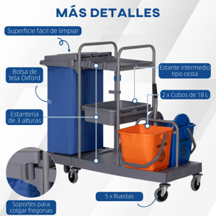 Carro de Limpieza con Bolsa de Basura Carro de Servicio con Cubos de Fregar de 18L Escurridor de Prensa y Estantes para Hotel 111x63,3x103 cm Multicolor