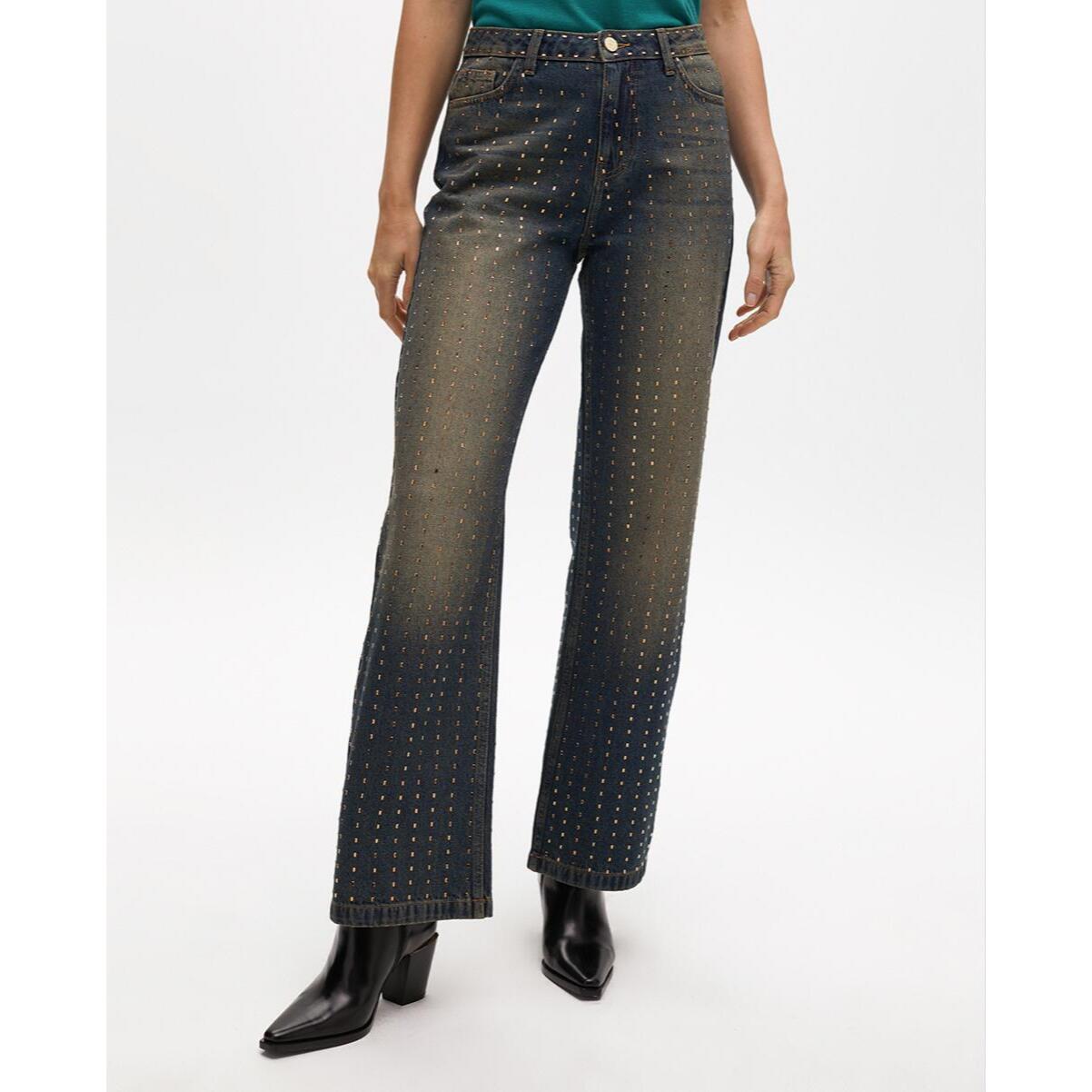 Jeans a Gamba Larga Usato con Dettagli Rame