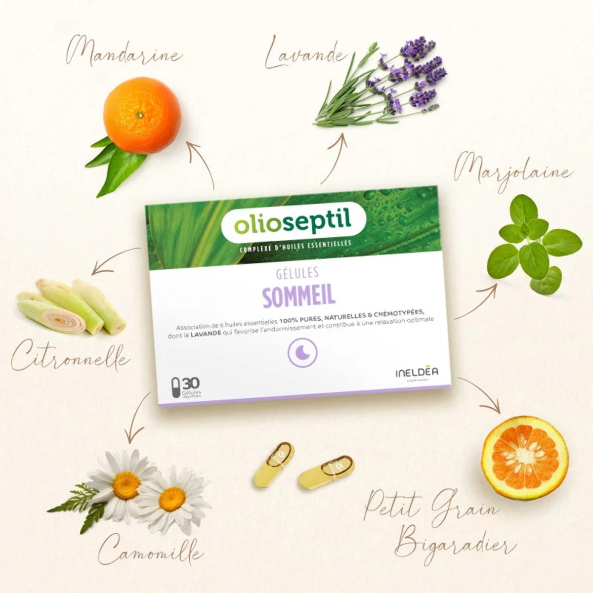 OLIOSEPTIL - Gélules Sommeil - Aide à l'endormissement - Contribue à un sommeil réparateur - Participe à la détente et la relaxation - Aux Huiles Essentielles - Sans Gluten - 30 gélules végétales