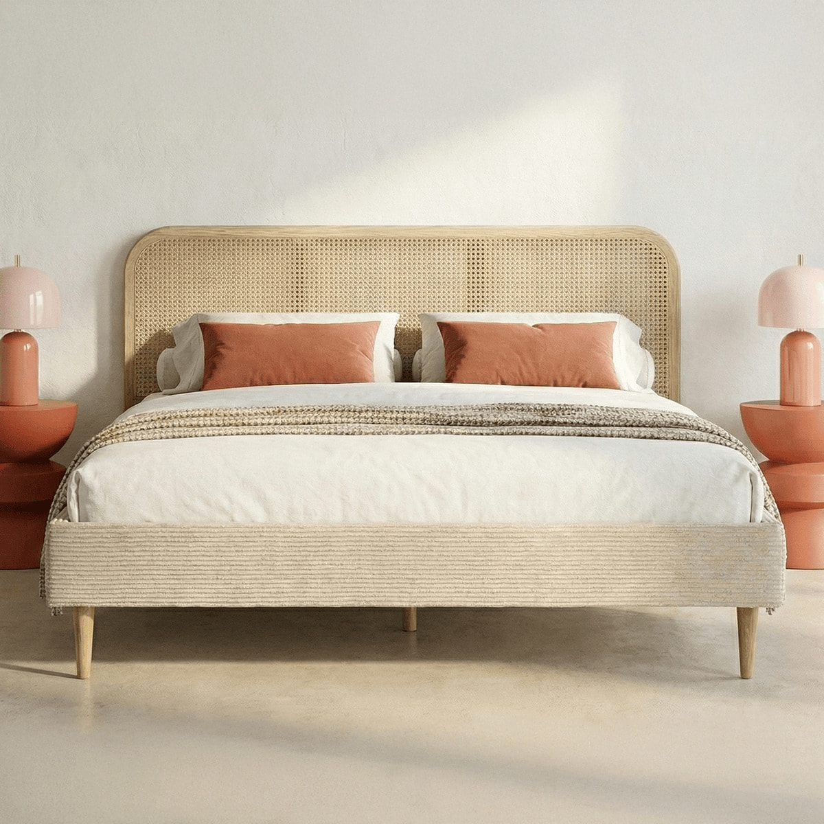 Lit en velours côtelé avec tête de lit en cannage - DALIA