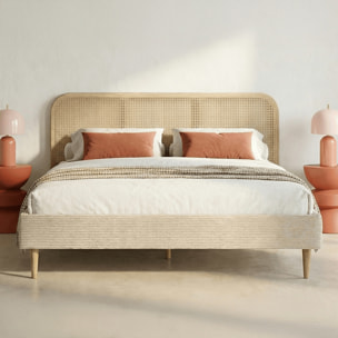 Lit en velours côtelé avec tête de lit en cannage - DALIA