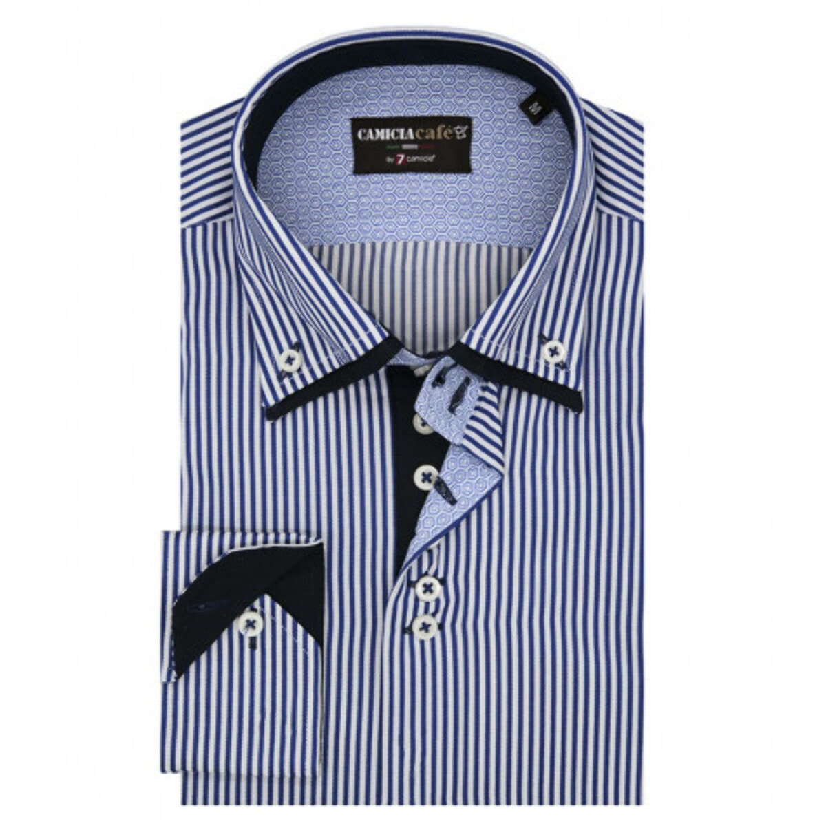 Camicia Uomo 2 Bottoni Button Down Doppio Collo 7 Bottoni Slim Cotone Poliestere Riga Media Bianco\Blu Inchiostro