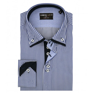 Camicia Uomo 2 Bottoni Button Down Doppio Collo 7 Bottoni Slim Cotone Poliestere Riga Media Bianco\Blu Inchiostro
