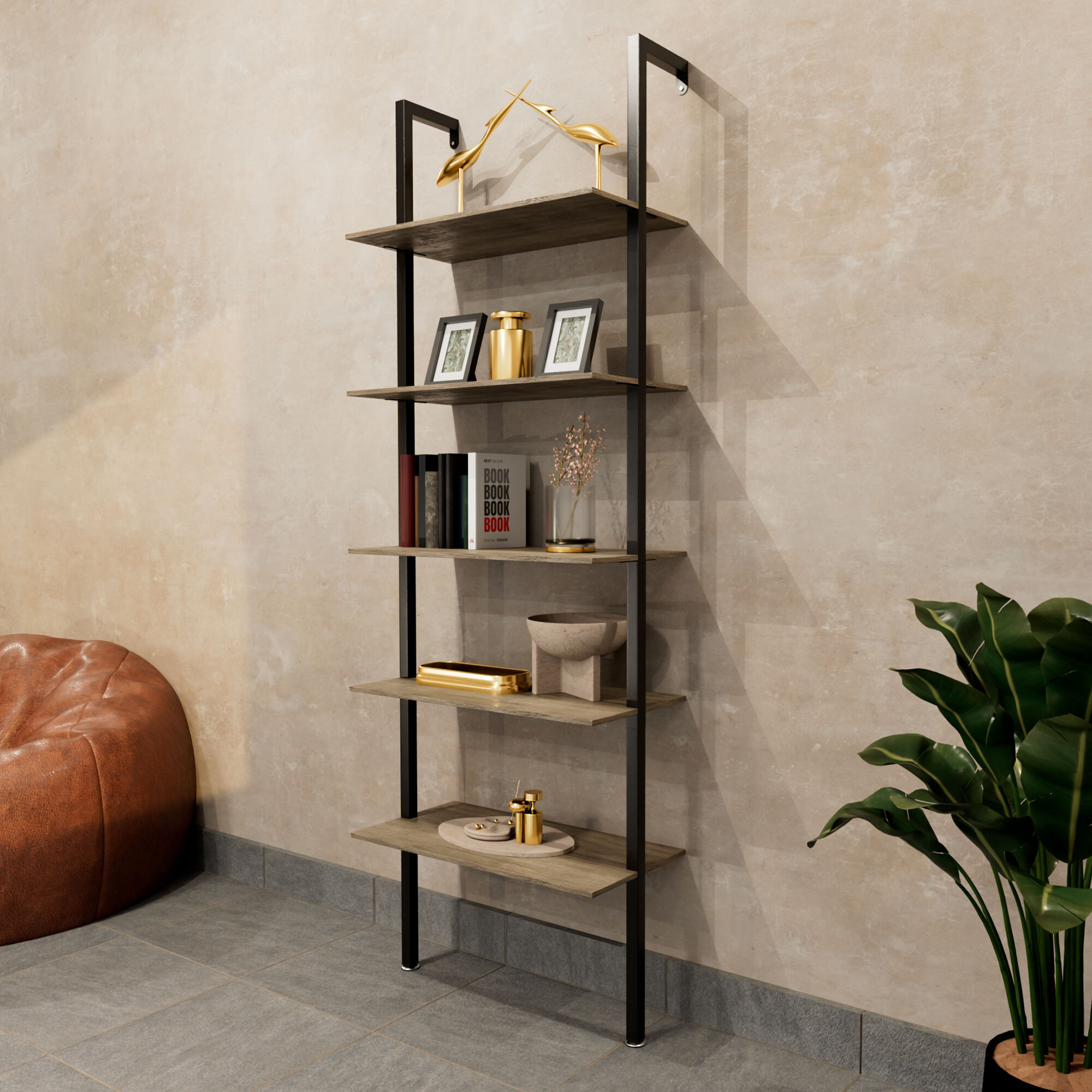 Komo - Scaffale Libreria a Muro 60x185x30 cm 5 Ripiani in Legno Bleach Struttura in Metallo Nero