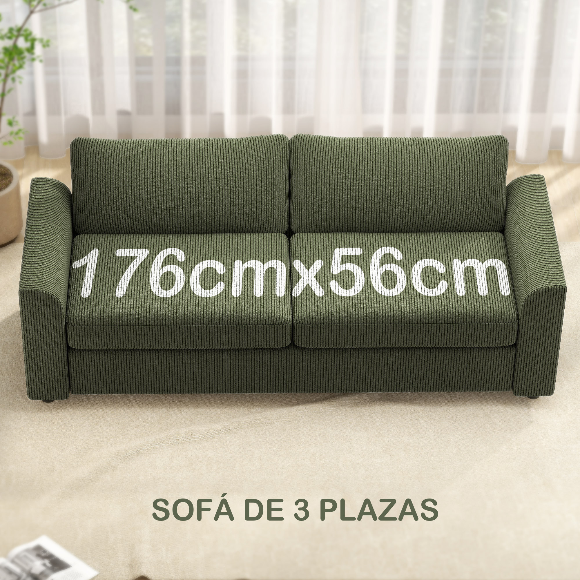 Sofá de 3 Plazas Sofá de Salón 212x80x88 cm Tapizado en Pana con 2 Almohadas Reposabrazos y Cojín de Muelles Diseño Moderno para Sala de Estar Dormitorio Verde