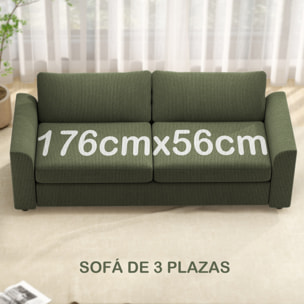 Sofá de 3 Plazas Sofá de Salón 212x80x88 cm Tapizado en Pana con 2 Almohadas Reposabrazos y Cojín de Muelles Diseño Moderno para Sala de Estar Dormitorio Verde
