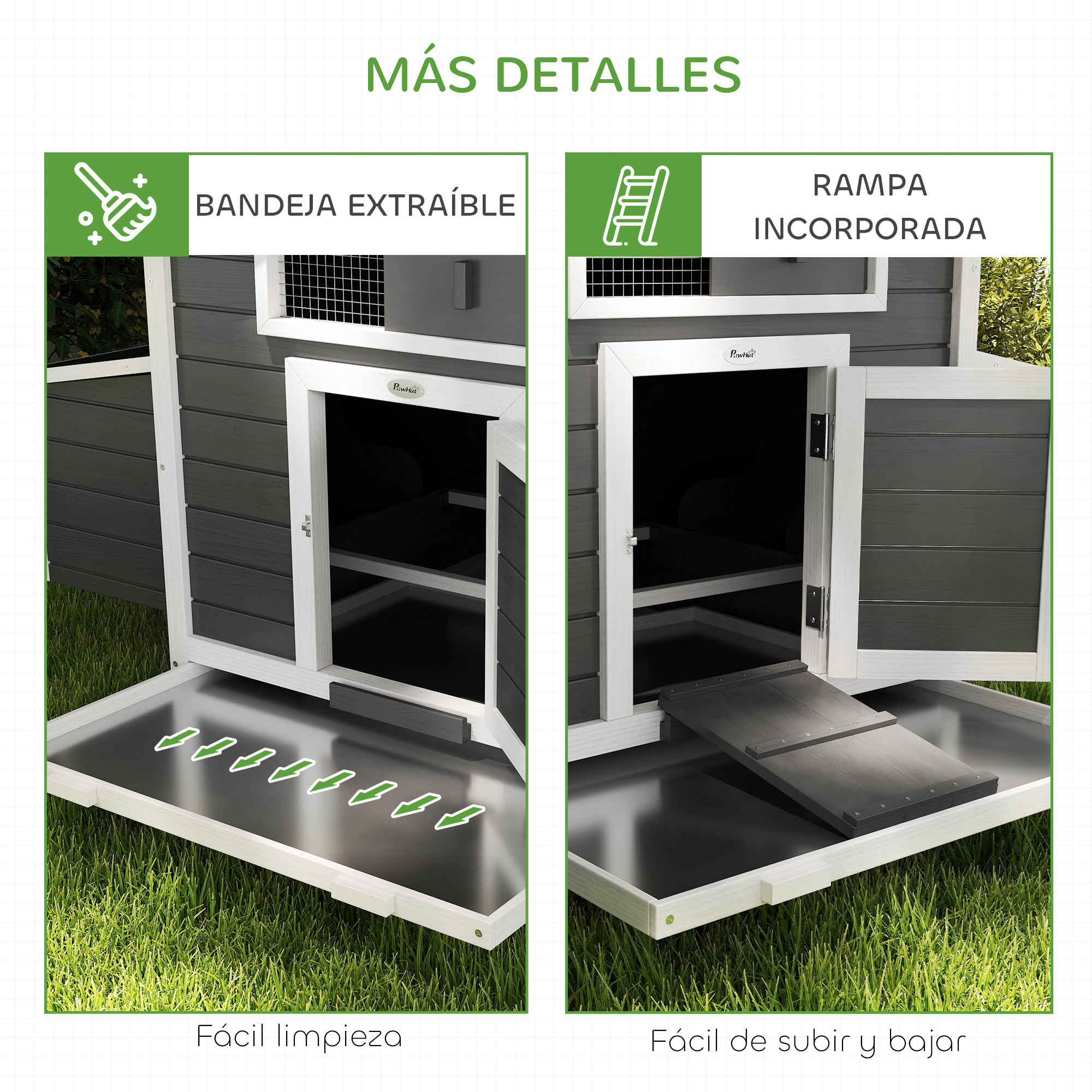 Gallinero para Exterior Gallinero de Madera para 2-4 Gallinas con 2 Nidos Bandeja Extraíble Techo Abatible 150x100x96,5 cm Gris y Blanco