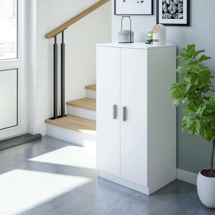 Armadio multiuso 2 ante Akimera, Mobile ausiliario, Mobile basso porta scarpe con 6 ripiani, Scarpiera moderna, 55x36h108 cm, Bianco