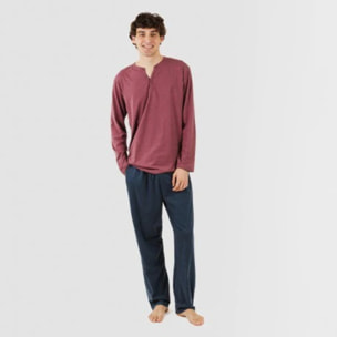 Pigiama lungo da uomo con bottoni bordeaux – navy