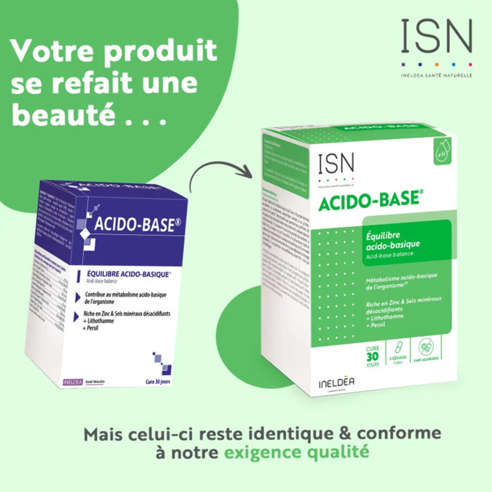 Ineldea Santé Naturelle - Acido-Base - Complément alimentaire naturel - Aide à maintenir l'équilibre acido-basique - Cure de 30 j - 90 gélules végétales