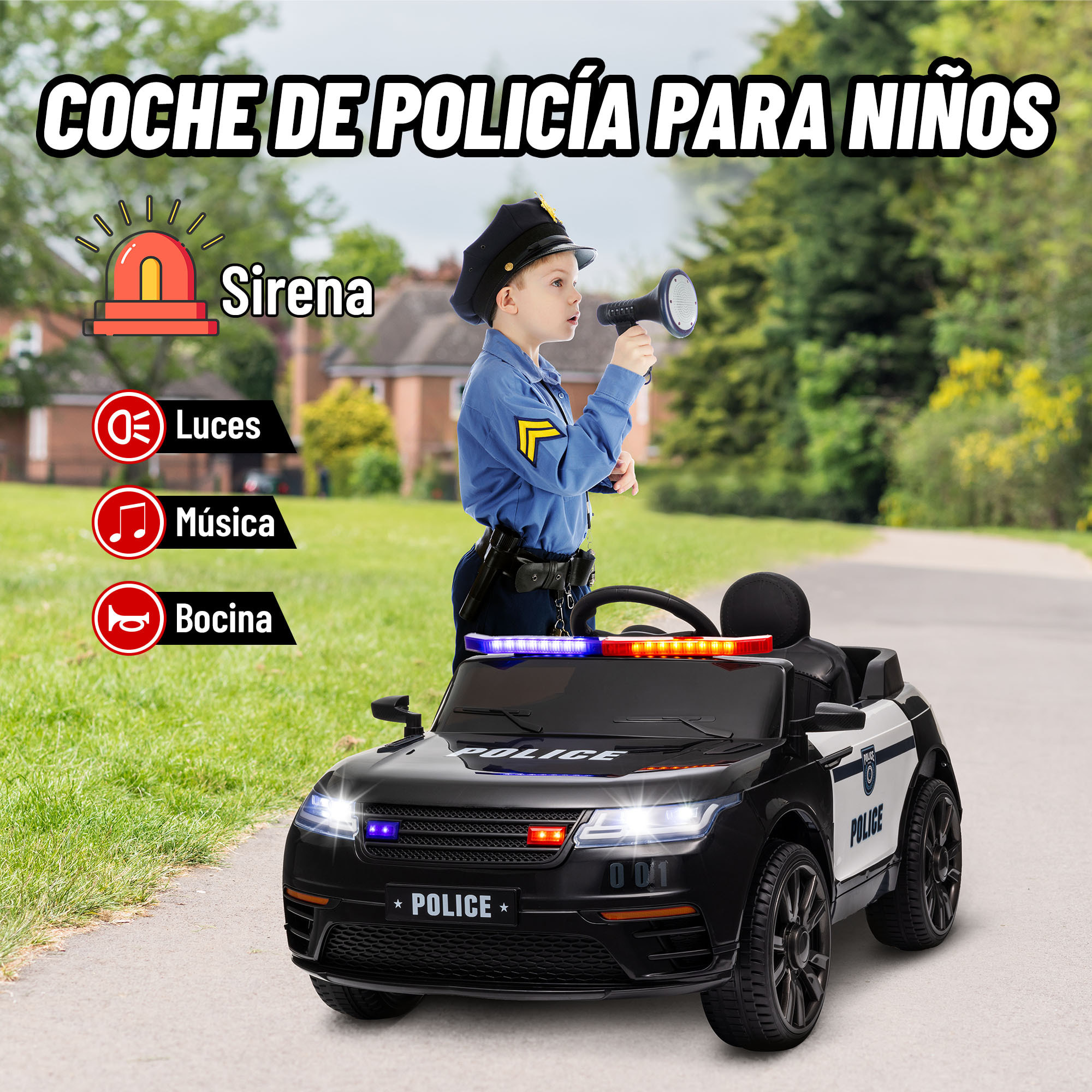 Coche Eléctrico para Niños de +3 Años Carro Eléctrico Infantil de Policía con Batería 12V Mando a Distancia Faros Bocina Sirena Música y Rueda de Entrenamiento Negro