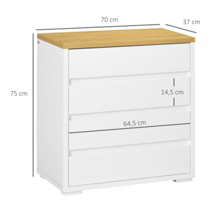 Cómoda 4 Cajones, Cómoda Dormitorio sin Tiradores, Cajonera para Salón, Oficina, Estilo Moderno, 70x37x75 cm, Blanco