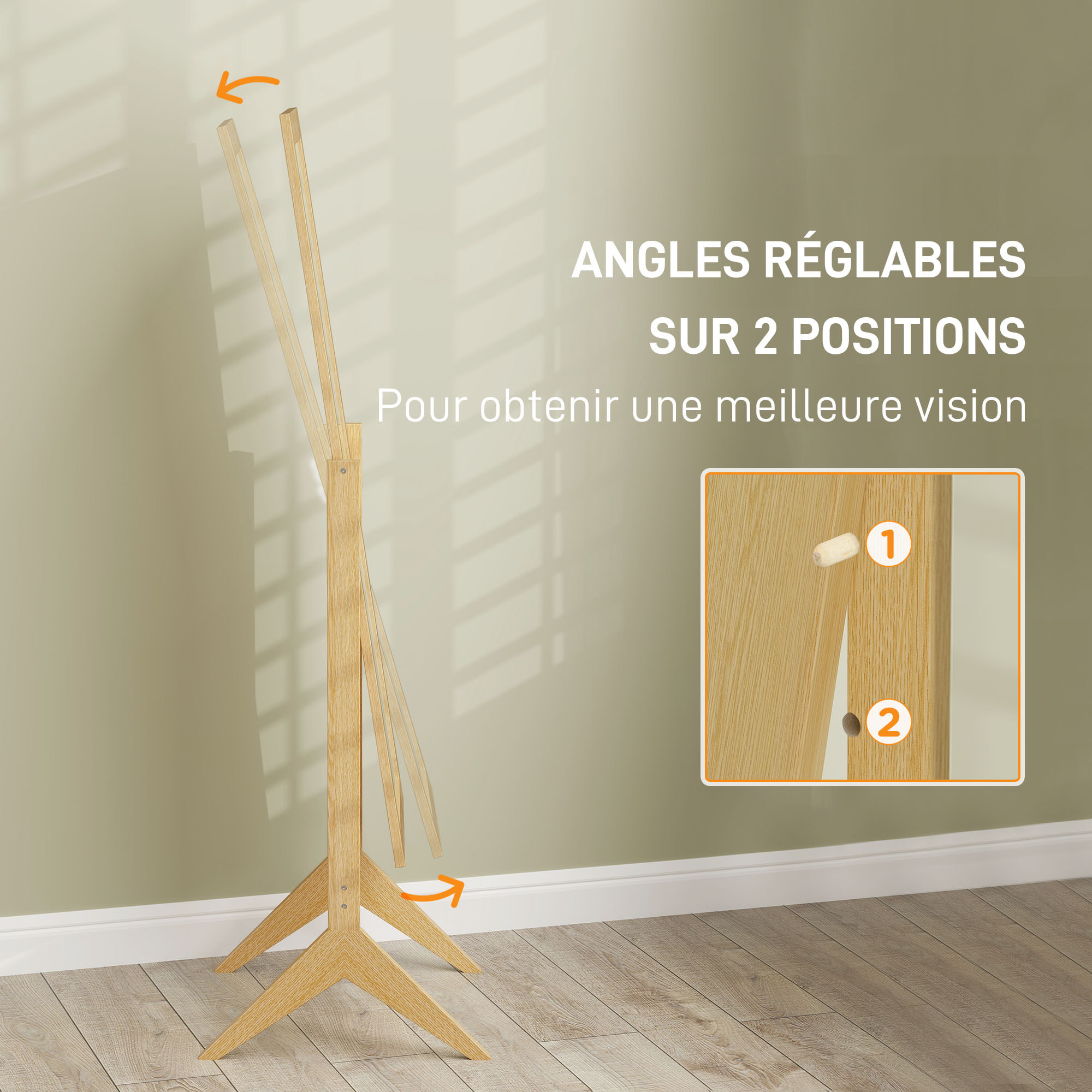 Miroir à pied inclinaison réglable dim. 47L x 46l x 148H cm MDF effet bois clair