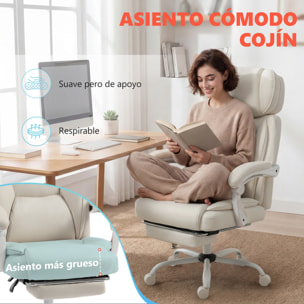 Silla de Oficina con Masaje Vibratorio de 6 Puntos y Calor Lumbar, Silla de Escritorio Reclinable con Reposacabezas Ajustable, Respaldo Alto, Altura Ajustable, Reposapiés, Crema